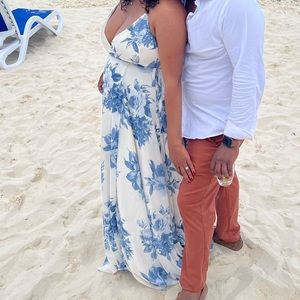 LULU'S Cream and Blue Floral Print Wrap Maxi Dress light Blue